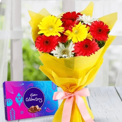 10 Mix Color Gerberas and 1 Cadbury Celebration Pack