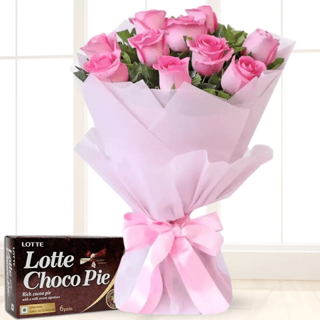 10 Pink Roses with Lotte Choco Pie