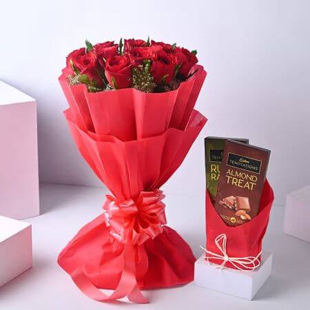 10 Red roses With 2 Temptation Chocolates