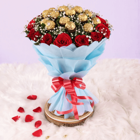 16 Ferrero Rocher Chocolates and 16 Roses Bunch