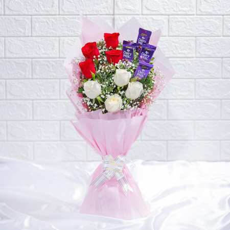 4 White and 4 Red Roses with 4 Dairy Milk Chocolate Bouquet