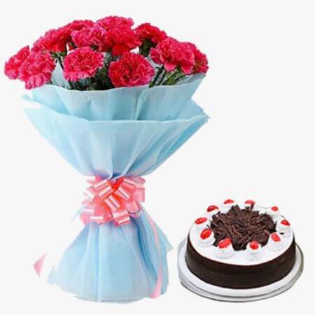 Black Forest Cake 1 Kg with 15 Pink Carnations Bunch