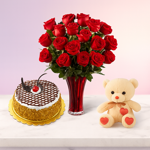 Half Kg Butter Scotch Cake-6 Red Roses Bunch-Teddy Bear
