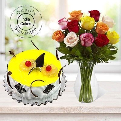 Eggless Pineapple Cake Half Kg with 12 Mix Roses Bunch