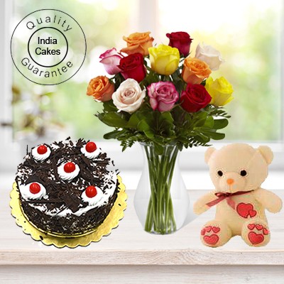 Eggless Black Forest Cake 1 Kg with 6 Mix Roses Bunch and a Teddy Bear