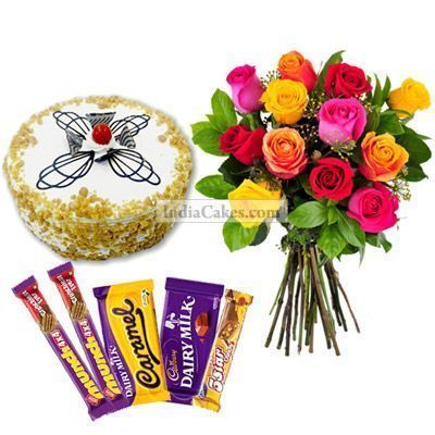 Half Kg Butter Scotch Cake-6 Mix Roses Bunch-5 Chocolates