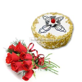 Eggless Butterscotch Cake Half Kg with 6 Red Roses Bunch