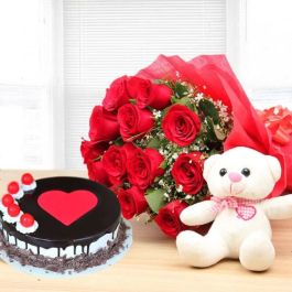 Half Kg Fabulous Black Forest Cake with 6 Red Roses Bunch and 6 Inch Teddy Bear