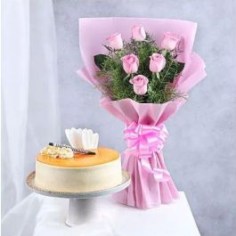 Eggless Pretty Pink 6 Roses Bouquet with Half Kg Butterscotch Cake Combo