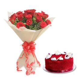 Red Velvet Cake Half Kgs with 6 Red Roses Bunch