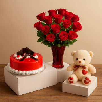 1 Kg Strawberry Cake-6 Red Roses Bunch-Teddy Bear
