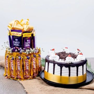 10 Dairy Milk Chocolates n 20 Five Star Chocolates with Half Kg Black Forest Cake