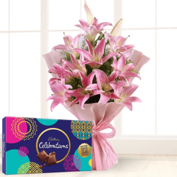 10 Pink Lilies with Cadbury Celebration
