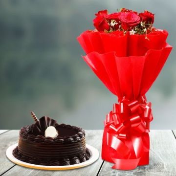 10 Red Roses Bouquet with Half Kg Chocolate Truffle Cake