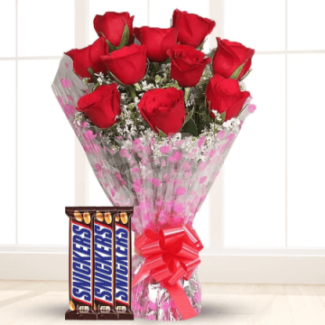 10 Red Roses with 3 Snickers Chocolates