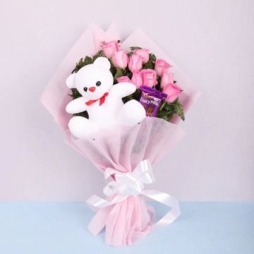 10 Wonderful Pink Roses with a Teddy and a Silk Chocolate