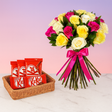 12 Mixed Roses Bunch And 5 Nestle KitKat