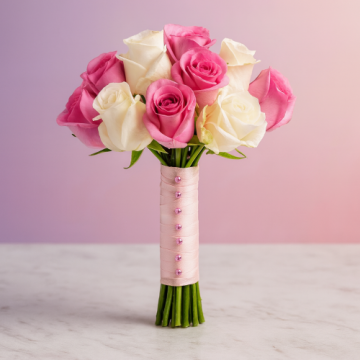 12 Pink And White Roses Bunch
