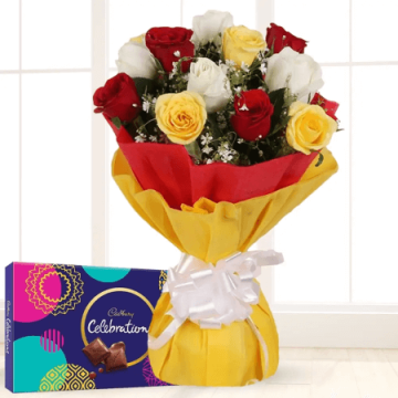 12 Mixed Color Roses with Cadbury Celebration