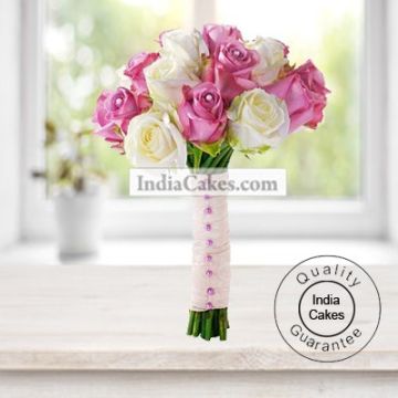 12 Pink And White Roses Bunch