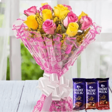 12 Pink and Yellow Roses with 3 Cadbury Silk Chocolates