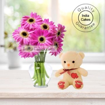 12 PINK GERBERAS BUNCH AND 1 TEDDY BEAR