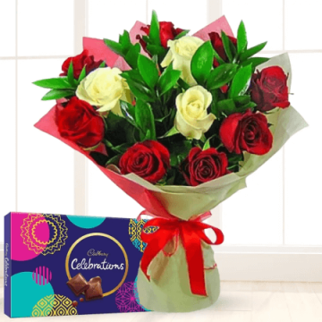 12 Red and White Roses with Cadbury Celebration
