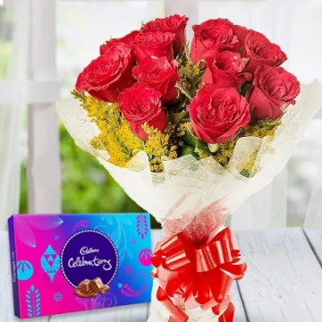12 Red Roses with Cadbury Celebration