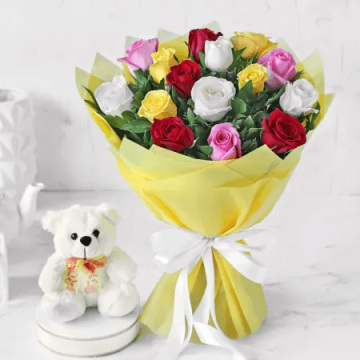 15 Assorted Roses Bouquet with Teddy