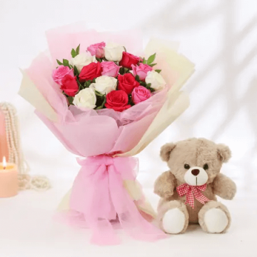 15 Assorted Roses with Teddy