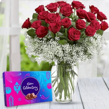 25 Red Roses with Cadbury Celebration