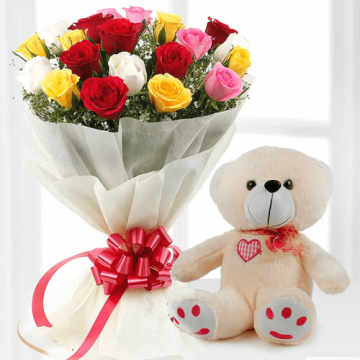 6 Assorted Roses Bunch with 6 Inch Teddy