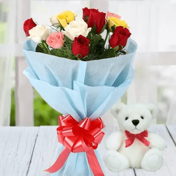 6 Mix Roses Bouquet with 6 Inch Teddy