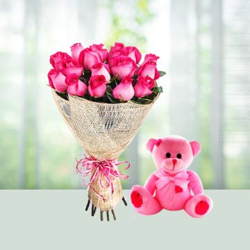 6 Pink Roses Bouquet with 6 Inch Teddy