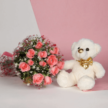 6 Pretty Pink Roses Bouquet with 6 Inch Teddy