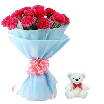 6 Red Carnation Bouquet with 6 Inch Teddy