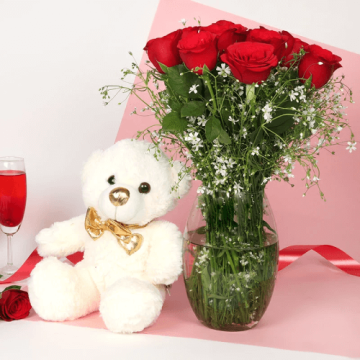 6 Red Hot Roses with a 6 Inch Teddy Bear