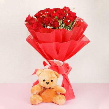 6 Red Roses Bouquet with a 6 Inch Teddy Bear