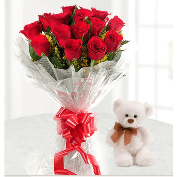 6 Red Roses Bunch with 6 Inch Teddy