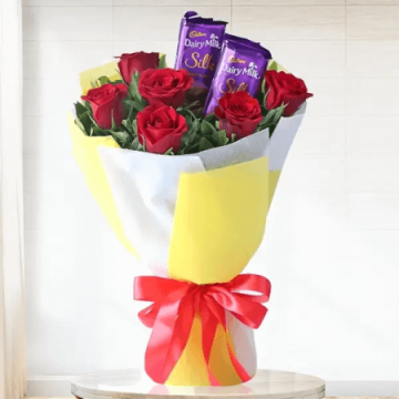 6 Red Roses with 2 Dairy Milk Silk Chocolates