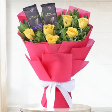 6 Yellow Roses with 2 Cadbury Bournville