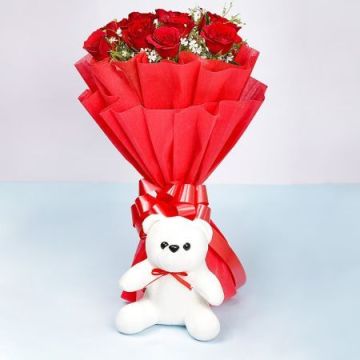 8 Red Roses With Adorable Teddy