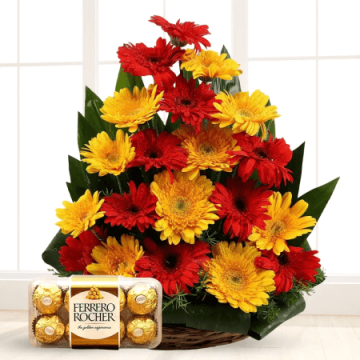 Arrangement of 20 Yellow and Red Gerberas with 16 Pcs Ferrero Rocher