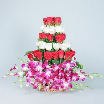 Beautiful Roses and Orchids Basket Arrangement
