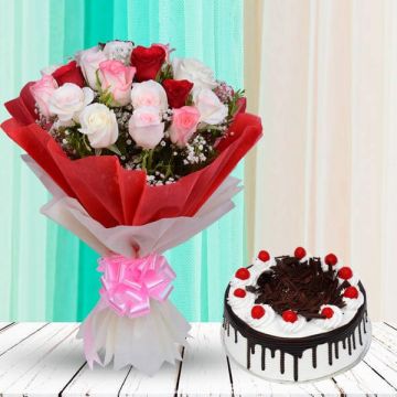 Black Forest Cake 1 Kgs with 6 Mix Roses Bunch