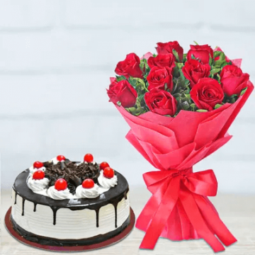 Black Forest Cake 1 Kgs with 6 Red Roses Bunch