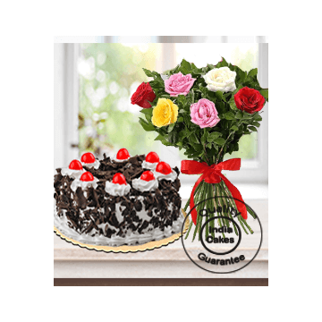 EGGLESS BLACK FOREST CAKE HALF KG WITH 6 MIX ROSES BUNCH