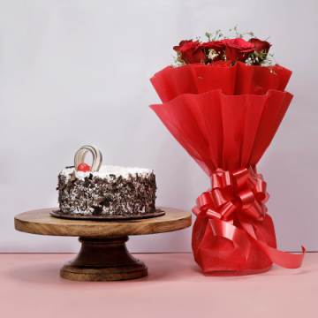 Half Black Forest Cake with 8 Red Roses Combo