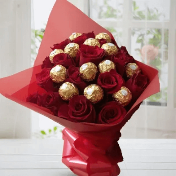 Bouquet of 15 Red Roses and 16 Pcs Ferrero Rocher