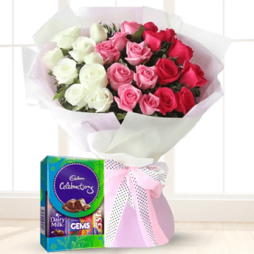 Bouquet of 20 Red White and Pink Roses with Small Cadbury Celebration Box
